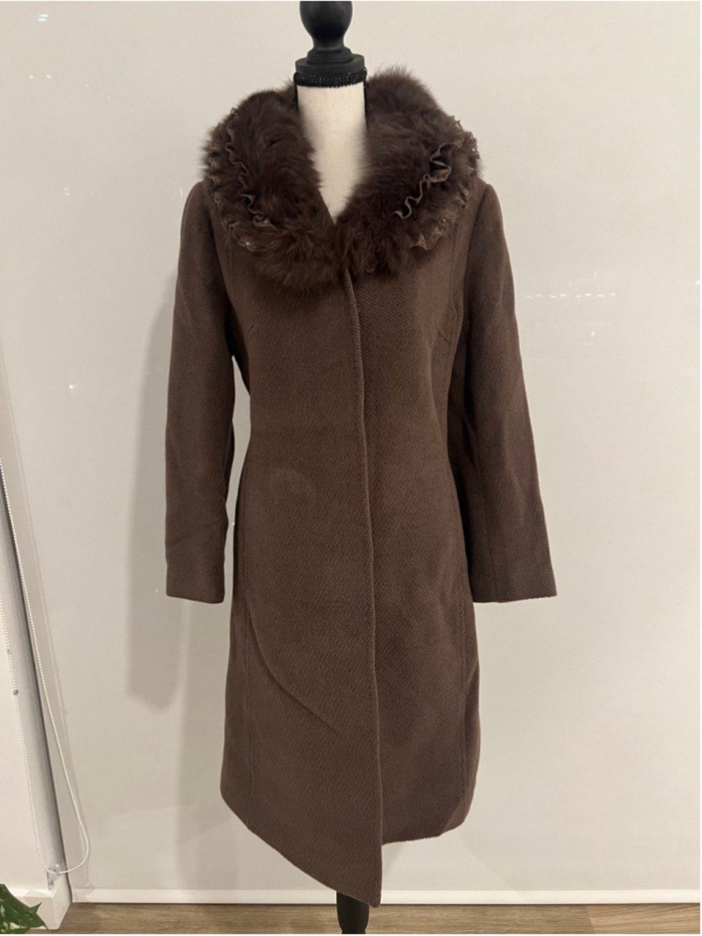 Vintage Brown Real Fox Fur Collar Wool Rabbit Blend Coat Size S Long Jacket